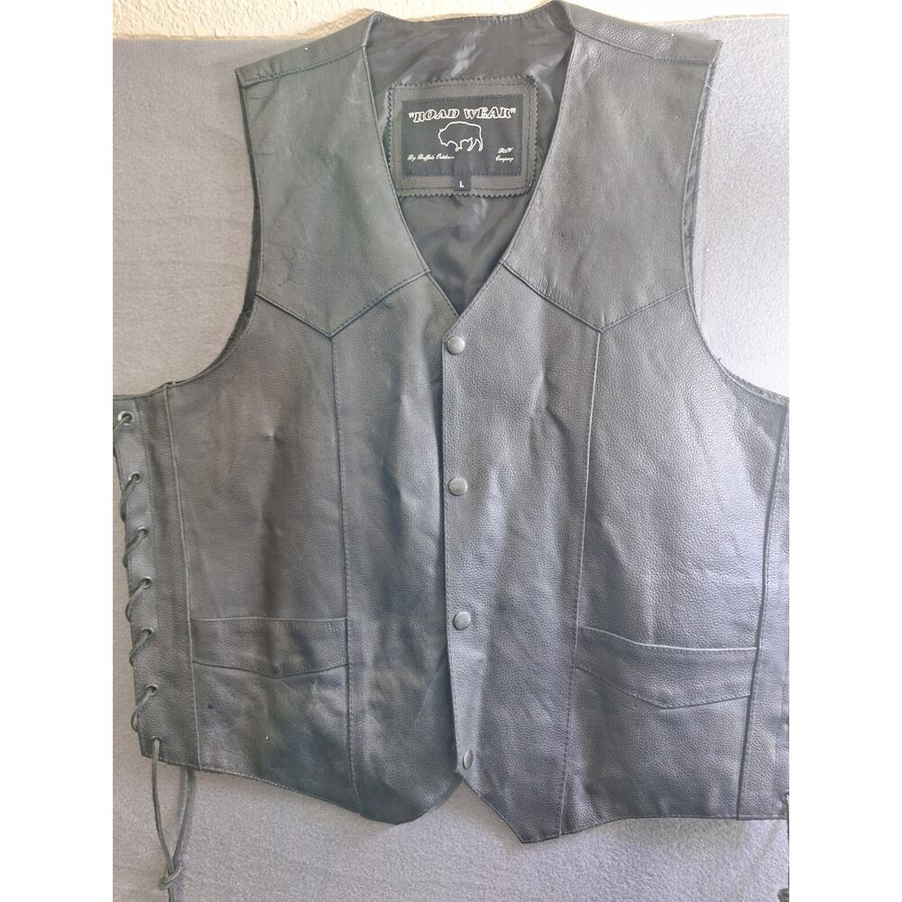 Mens Leather Biker Vest ROAD WEAR Black Buffalo Black Snaps Size Large